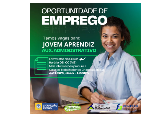 Imagem de compartilhamento para o artigo Casa do Trabalhador anuncia vagas para menor aprendiz em Chapadão do Sul da MS Todo dia